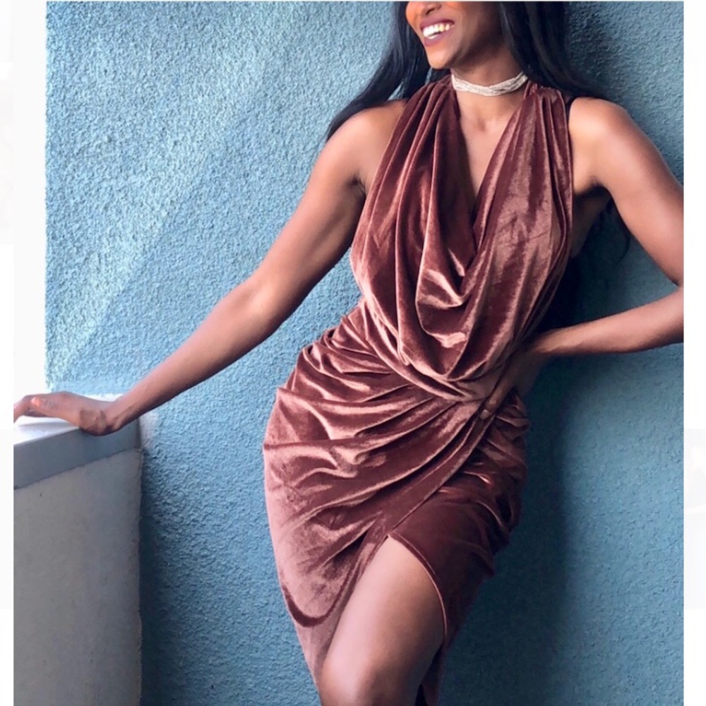 JLuxLabel Brown Asymmetric Faux Velvet Wrap Dress